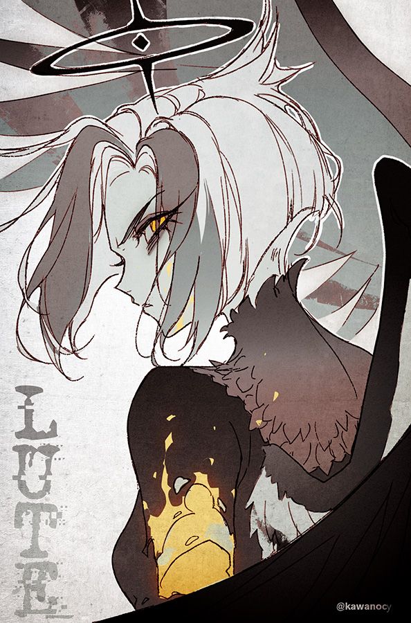 1girl amputee angel angel_wings animification black_halo blood character_name colored_skin grey_hair grey_wings halo hazbin_hotel kawacy lute_(hazbin_hotel) solo two-tone_wings white_skin wings yellow_blood