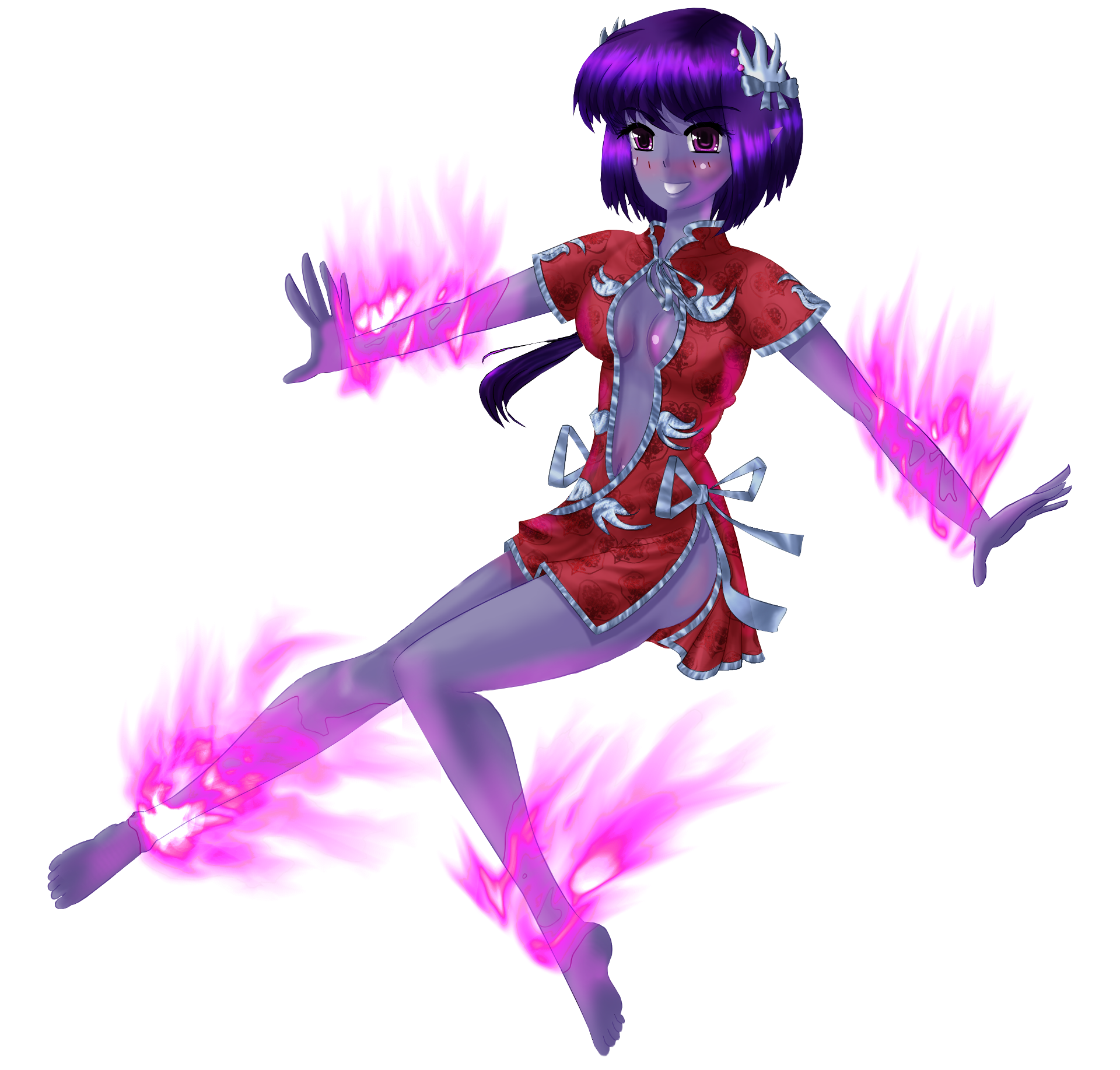 china_dress chinese_clothes colored_skin dress erumo fire fire highres mamono monster_girl purple_eyes purple_hair purple_skin raet solo st_elmo&#039;s_fire transparent_background