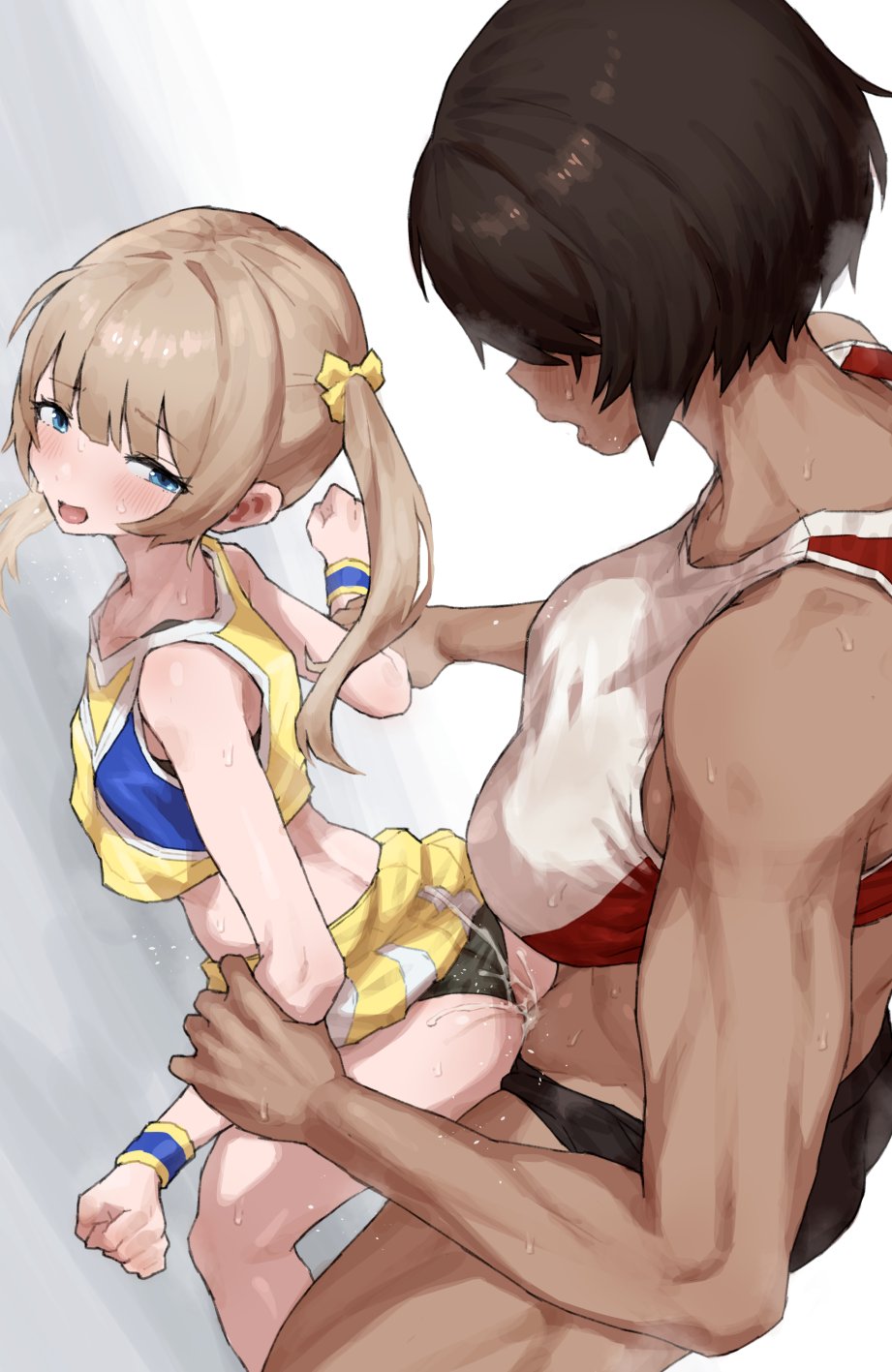 1futa 1girl arm_held_back ass bent_over blonde_hair blue_eyes breasts brown_hair censored clothed_sex cum cum_in_pussy dark-skinned_female dark_skin doggystyle futa_with_female futanari hands_on_another&#039;s_thighs height_difference highres implied_futanari kei_(m_k) large_breasts long_hair m_k original rika_(m_k) sex sex_from_behind short_hair simple_background size_difference small_breasts standing standing_sex sweat tall_female tan tomboy track_uniform
