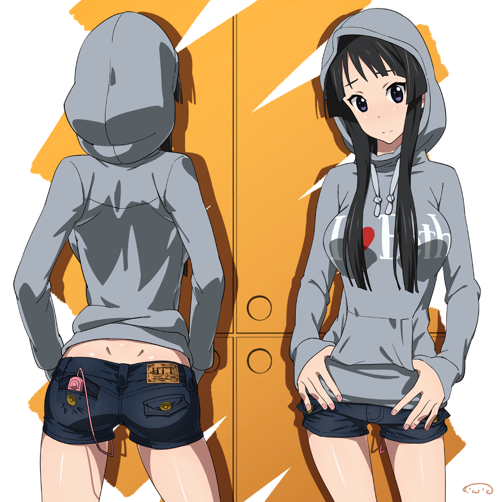 1girl akiyama_mio ass backboob black_hair blue_eyes breasts clothes_writing contrapposto denim denim_shorts dimples_of_venus discreet_vibrator female_focus female_masturbation from_behind hands_in_pockets head_tilt hip_focus hood hoodie k-on! large_breasts long_hair looking_at_viewer masturbation micro_shorts midriff multiple_views nail_polish panties sex_toy short_shorts shorts sidelocks standing stealth stealth_masturbation suna_(sandworks) thumbs_in_pockets underwear vibrator vibrator_under_clothes vibrator_under_panties