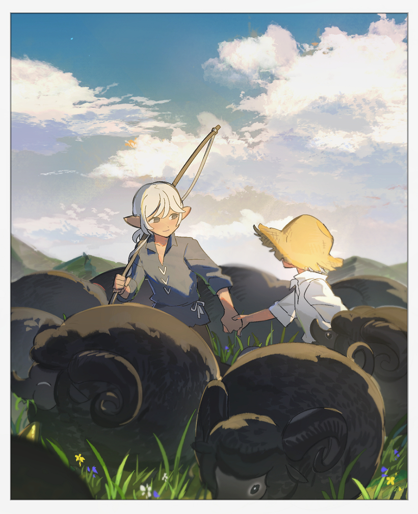 2boys aged_down black_eyes black_sheep blue_shirt blue_sky border brothers brown_pants child chinese_commentary cloud collarbone collared_shirt commentary_request covered_face day elezen elf estinien_varlineau final_fantasy final_fantasy_xiv fishing_rod flower from_side grass grazing_(livestock) hat holding holding_fishing_rod holding_hands looking_at_another male_focus medium_hair mountainous_horizon multiple_boys outdoors pants pointy_ears scenery sheep shirt siblings sky smile straw_hat sun_hat walking white_border white_hair white_shirt wuliu_heihuo