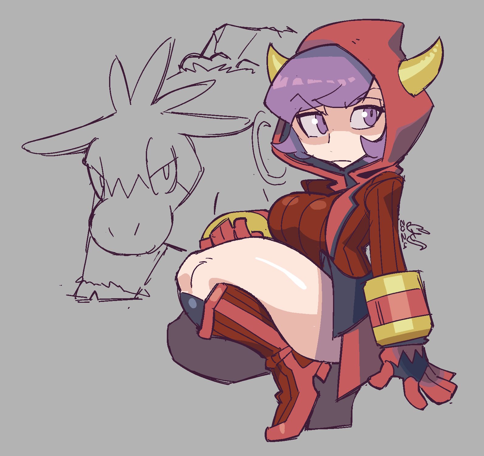 1girl alternate_breast_size breasts caliginousarts camerupt courtney_(pokemon) doodle_inset dress fake_horns game_freak gen_3_pokemon highres hood hood_up hooded_vest hoodie horned_headwear horned_hood horns large_breasts light_frown long_sleeves looking_at_viewer nintendo pokemon pokemon_(creature) pokemon_oras purple_eyes purple_hair red_hood ribbed_dress ribbed_sweater short_dress short_hair solo squatting sweater sweater_dress team_magma team_magma_uniform thighs v-shaped_eyebrows vest