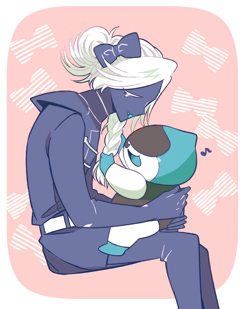 2boys adjusting_another&#039;s_hair alternate_hairstyle androgynous belt blue_bow blue_flower blue_gloves blue_jacket blue_pants blue_skin blue_tongue border bow bow_print braid closed_eyes colored_eyelashes colored_skin colored_tongue commentary_request deltarune feet_out_of_frame flower gloves hair_bow jacket lancer_(deltarune) long_hair male_focus multiple_boys musical_note open_mouth outside_border pants pink_background profile rouxls_kaard simple_background sitting sitting_on_lap sitting_on_person smile taharu_(papiyas) tongue u_u white_belt white_border white_eyelashes white_hair