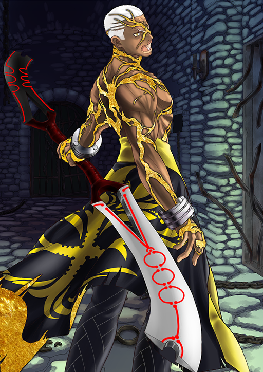 1boy arm_at_side bangle black_cape black_pants bracelet buzz_cut cape chain colored_skin cuffs dark-skinned_male dark_skin double_blade emiya_alter fate/grand_order fate_(series) feet_out_of_frame from_behind gold_skin holding holding_sword holding_weapon jewelry kanshou_&amp;_bakuya_(fate) kintsugi legs_apart looking_at_viewer looking_back lower_teeth_only male_focus multicolored_skin multiple_scars no_shirt official_alternate_skin_color official_art open_mouth outstretched_arm pants sasaki_shounen scar scar_on_arm scar_on_back scar_on_chest scar_on_face scar_on_hand scar_on_head scar_on_neck second-party_edit shackles short_hair short_sideburns shouting solo standing sword teeth third-party_source toned toned_male topless_male two-tone_skin v-shaped_eyebrows variant_set very_short_hair waist_cape weapon yellow_eyes