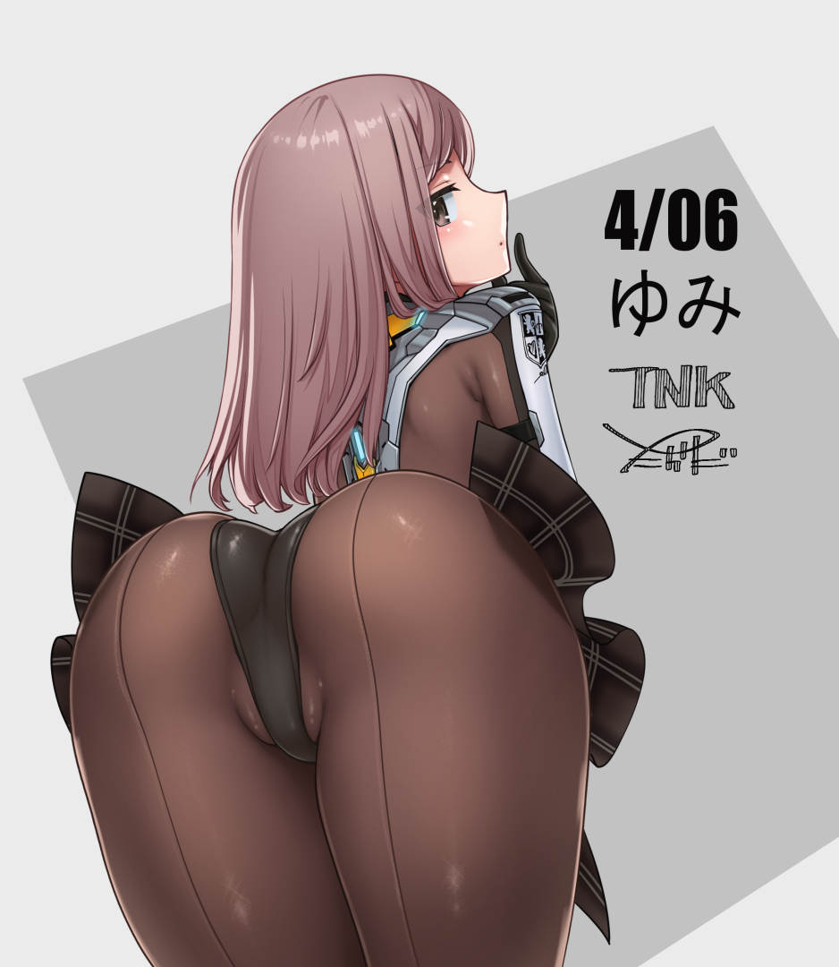 1girl alice_gear_aegis ass ass_focus breasts fishnets from_behind highleg long_hair looking_at_viewer looking_back partially_visible_vulva pink_eyes pink_hair seamed_legwear takada_kazuhiro thick_thighs thighs yotsuya_yumi