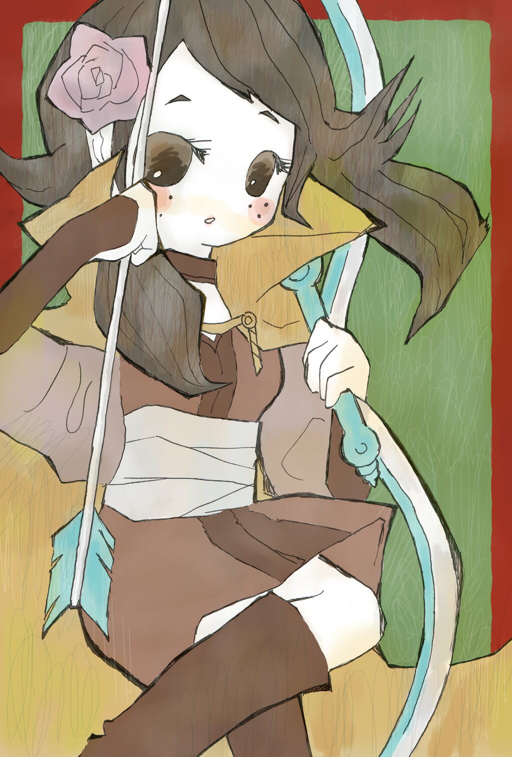 1girl arrow_(projectile) boots bow_(weapon) brown_eyes brown_hair collared_cloak fire_emblem fire_emblem_fates flower freckles hair_flower hair_ornament highres holding holding_arrow holding_bow_(weapon) holding_weapon leather leather_boots mozu_(fire_emblem) nintendo shia_lifestyle solo weapon wrist_guards