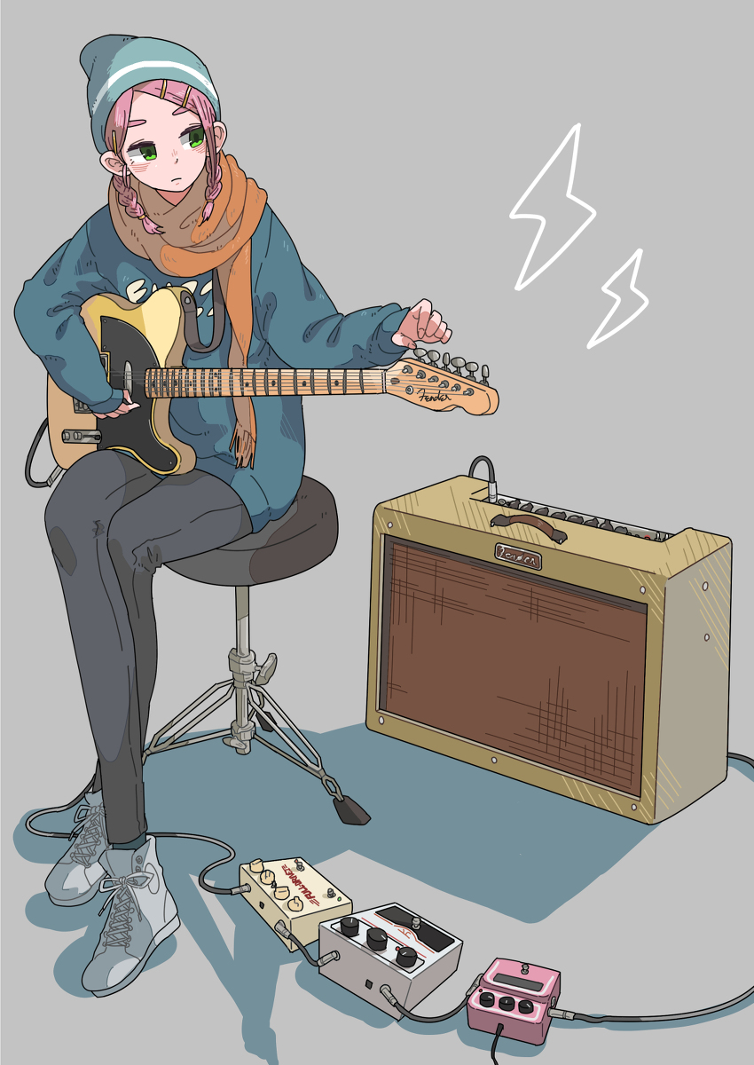 1girl amplifier drum_chair effects_pedal electric_guitar fender_musical_instruments_corporation fender_telecaster green_eyes guitar highres holding holding_guitar holding_instrument instrument original pedal pink_hair yuuho