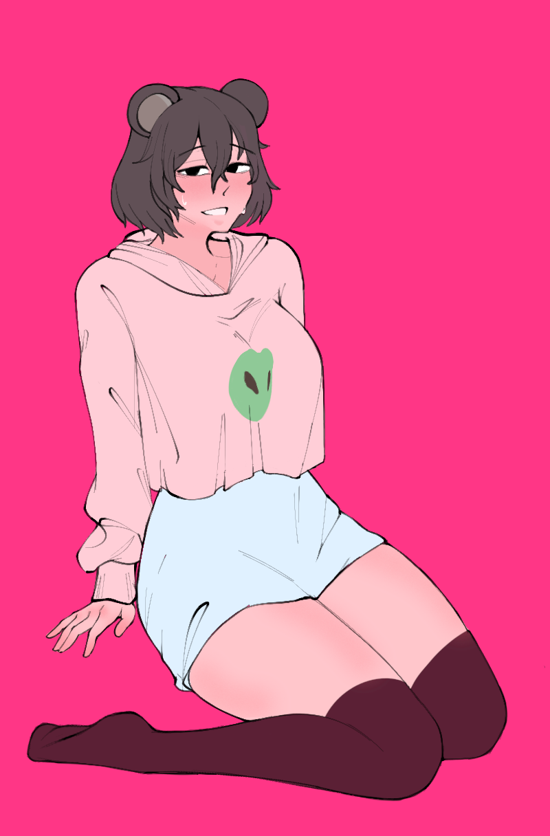 1girl animal_ears apandah_(youtube) bear_ears black_eyes black_hair black_socks blush breasts collarbone genderswap genderswap_(mtf) hair_between_eyes highres hood hoodie kneehighs large_breasts long_sleeves looking_at_viewer nervous oldperformer53 panda panda_ears pink_background pink_hoodie raised_eyebrows short_hair simple_background smile socks sweat sweatdrop nervous_sweating tagme thick_thighs thighs youtube