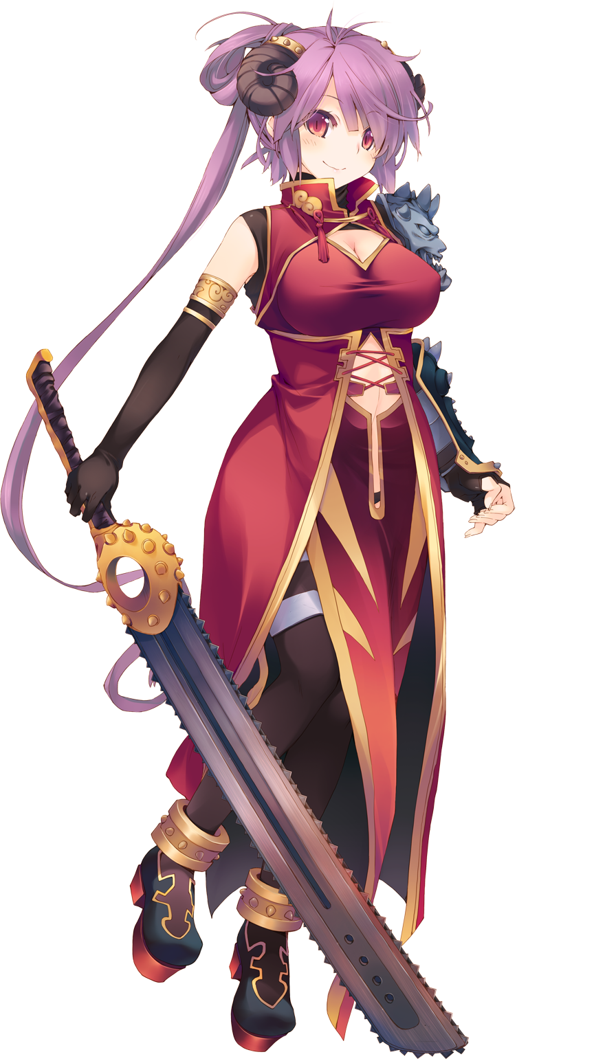 1girl aquaplus arm_guards armor blush breasts dress dungeon_travelers_2 elbow_gloves female_focus full_body gloves highres holding holding_weapon horns houzouji_yae kokonoka large_breasts looking_at_viewer pantyhose purple_hair red_eyes shoulder_armor side_slit solo standing sword transparent_background weapon
