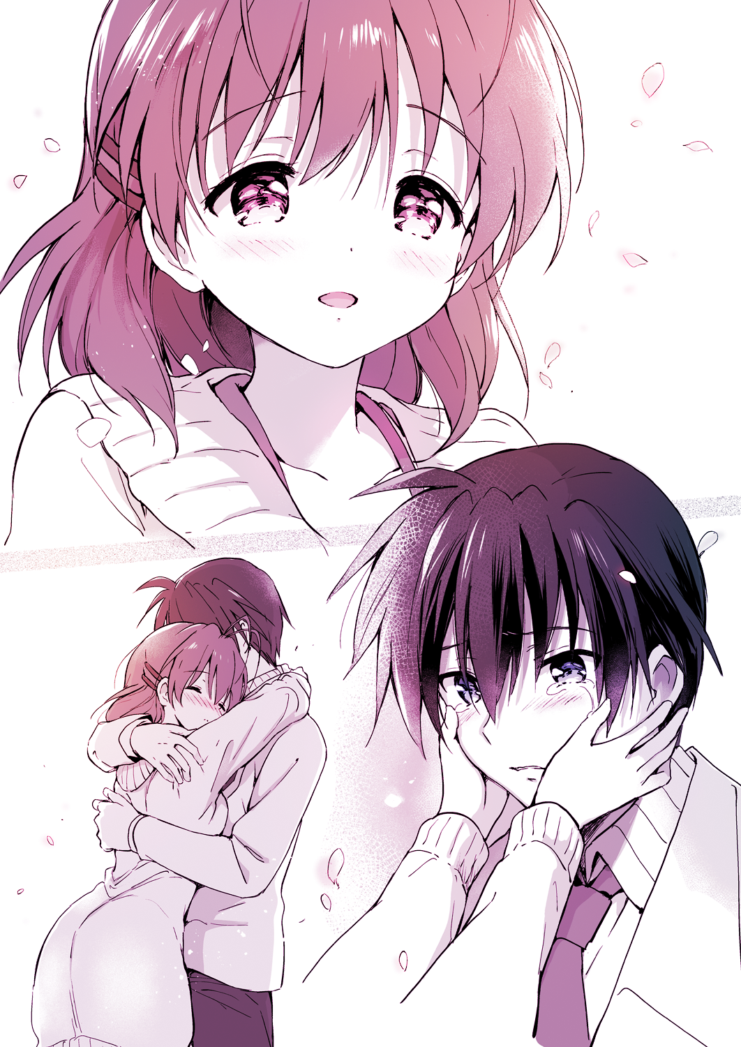 1boy 1girl ^_^ akina_tsukako antenna_hair blazer blush clannad closed_eyes commentary_request crying crying_with_eyes_open dress falling_petals furukawa_nagisa hands_on_own_face hetero highres hikarizaka_private_high_school_uniform hug jacket looking_at_another medium_hair monochrome necktie okazaki_tomoya petals school_uniform simple_background smile sweater sweater_dress tears white_background