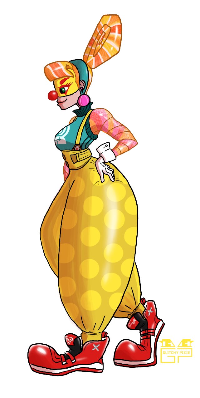 1girl arched_back arms_(game) artist_name baggy_pants breasts clown clown_girl earrings glitchypixie gloves hairband hand_on_own_hip highres jewelry lola_pop mask medium_breasts multicolored_hair nintendo overalls pants red_nose smile suspenders