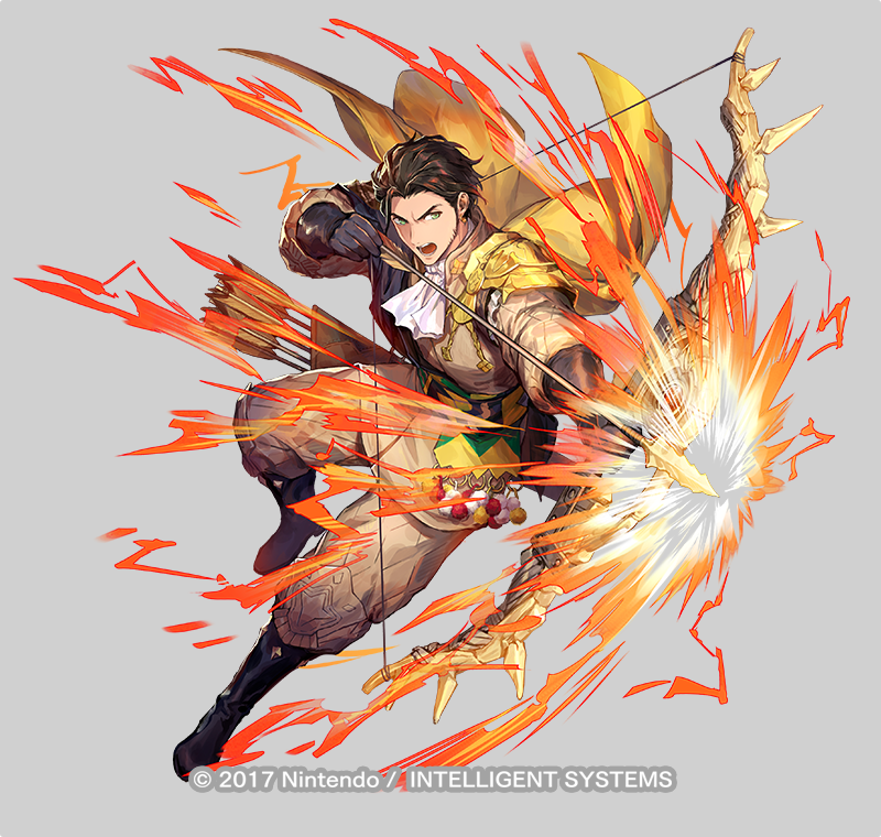 1boy aiming arrow_(projectile) azu-taro black_boots boots bow_(weapon) cape capelet claude_von_riegan claude_von_riegan_(timeskip) copyright_notice earrings fire fire_emblem fire_emblem:_three_houses fire_emblem_heroes full_body green_eyes grey_background jewelry jumping male_focus nintendo official_art open_mouth solo teeth weapon yellow_cape