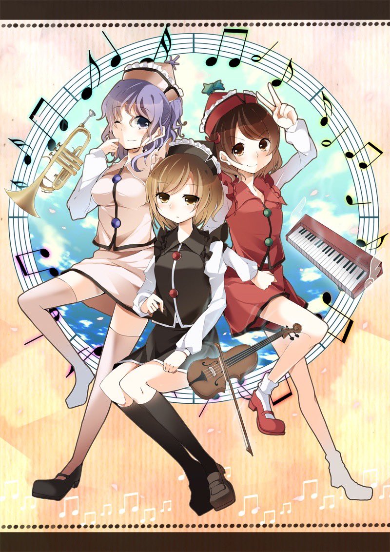 3girls ankle_socks aura black_hat black_shoes black_skirt black_socks black_vest blonde_hair blue_eyes bow_(music) breasts brown_eyes brown_hair brown_shoes buttons closed_mouth commentary_request crescent crescent_hat_ornament expressionless floating floating_object frilled_hat frills full_body grin happy hat hat_ornament instrument juliet_sleeves kaede_(mmkeyy) keyboard_(instrument) kneehighs loafers long_sleeves lunasa_prismriver lyrica_prismriver mary_janes medium_breasts merlin_prismriver multiple_girls musical_note no_socks one_eye_closed pink_hat pink_skirt pink_vest pointy_hat puffy_sleeves purple_hair red_hat red_shoes red_skirt red_vest shirt shoes shooting_star_hat_ornament short_hair skirt small_breasts smile socks sun_hat_ornament touhou trumpet v vest violin white_shirt white_socks yellow_eyes