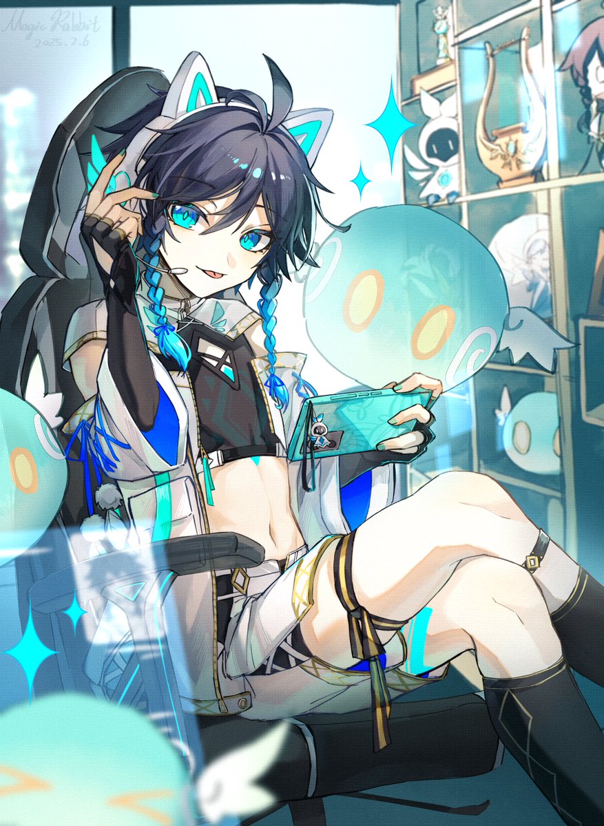 1boy :p anemo_slime_(genshin_impact) belly bishounen black_gloves black_hair blue_eyes blue_hair braid cellphone chair gaming_chair genshin_impact gloves headphones highres jacket legs looking_at_viewer multicolored_hair muxi297 navel phone seelie_(genshin_impact) shorts slime_(genshin_impact) swivel_chair tongue tongue_out twin_braids venti_(genshin_impact) white_jacket white_shorts