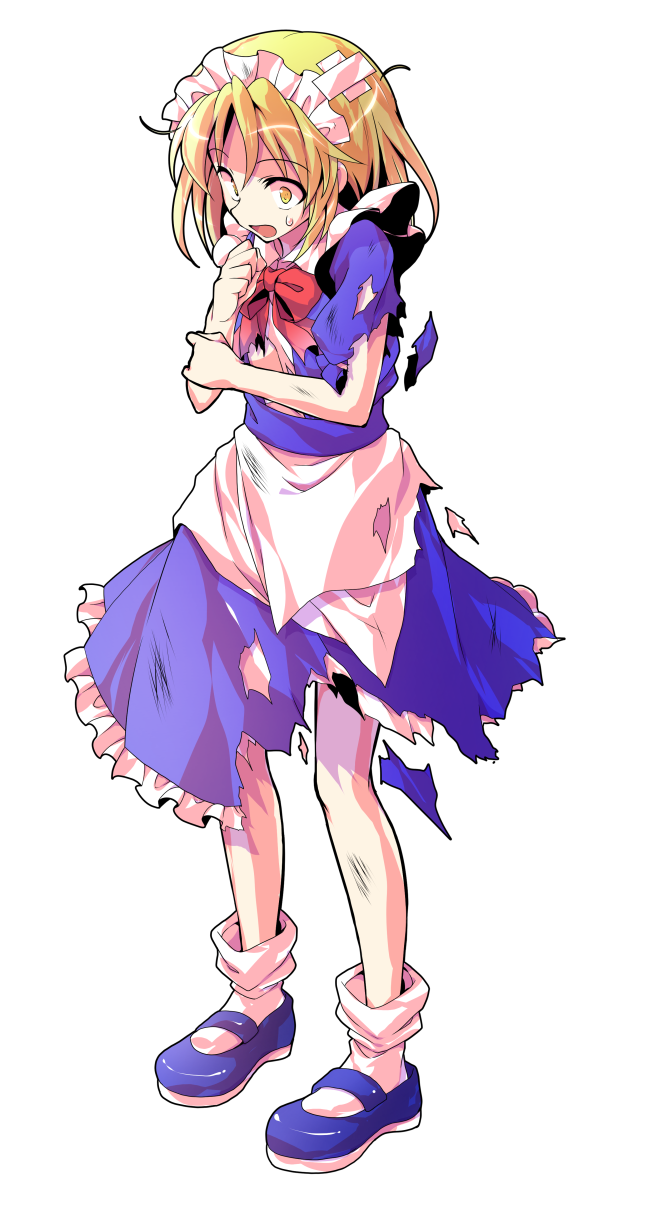 1girl apron bare_arms blonde_hair blue_dress blue_shoes bobby_socks bow bowtie commentary_request dairi dress frilled_dress frills full_body highres large_variant_set maid maid_headdress mary_janes mugetsu_(touhou) open_mouth red_bow red_bowtie shoes short_sleeves socks solo standing sweatdrop torn_clothes torn_dress touhou touhou_(pc-98) transparent_background variant_set waist_apron white_apron white_socks yellow_eyes
