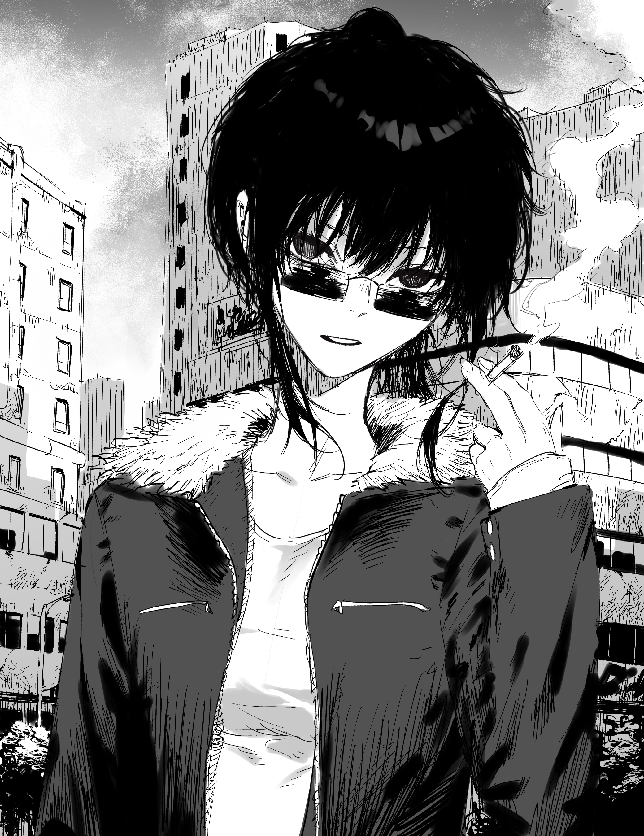 1girl absurdres breast_pocket breasts building cigarette cloud collarbone fur-trimmed_hood fur_trim hand_up highres holding holding_cigarette hood hood_down hooded_jacket jacket lamppost long_sleeves open_clothes open_jacket original outdoors parted_lips pocket purple_eyes rectangular_eyewear shirt sidelocks sleeves_past_wrists small_breasts smoke solo t-shirt tree tyrezal