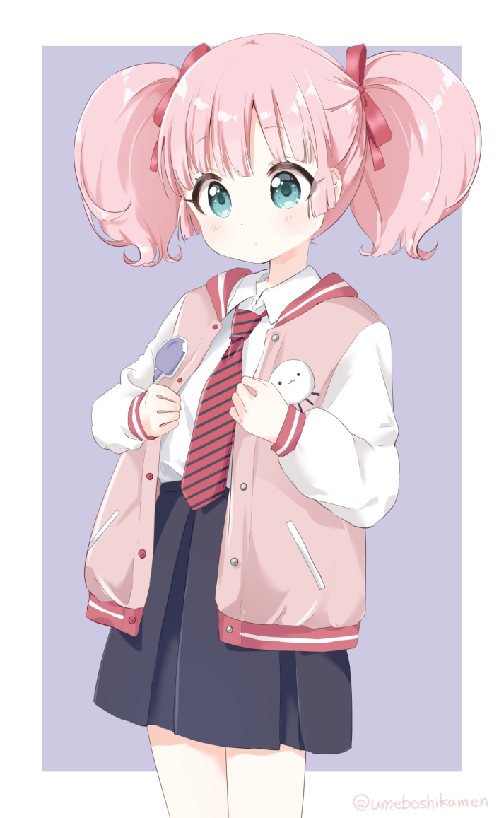 1girl aqua_eyes black_skirt blush border buttons closed_mouth collared_shirt commentary hair_ribbon high-waist_skirt jacket long_sleeves looking_down mearian multicolored_jacket namori_(character) necktie open_clothes open_jacket pink_hair pink_jacket pleated_skirt pocket puffy_sleeves red_necktie red_ribbon red_sleeves ribbon shirt skirt solo striped_necktie twitter_username two-tone_jacket white_border white_jacket white_shirt yoshikawa_chinatsu yuruyuri