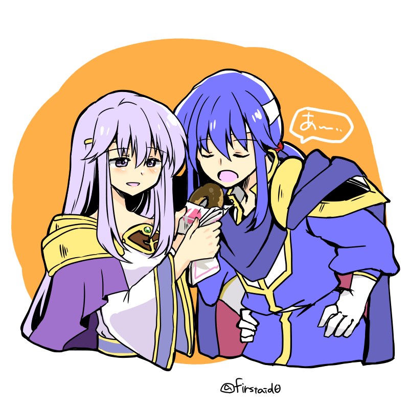 1boy 1girl blue_hair brother_and_sister chocolate_donut circlet closed_eyes donut dress feeding fire_emblem fire_emblem:_genealogy_of_the_holy_war food hands_on_own_hips headband holding holding_food imminent_eating julia_(fire_emblem) long_hair nintendo open_mouth ponytail purple_eyes purple_hair seliph_(fire_emblem) siblings simple_background super_smash_bros._logo white_headband wide_sleeves yukia_(firstaid0)
