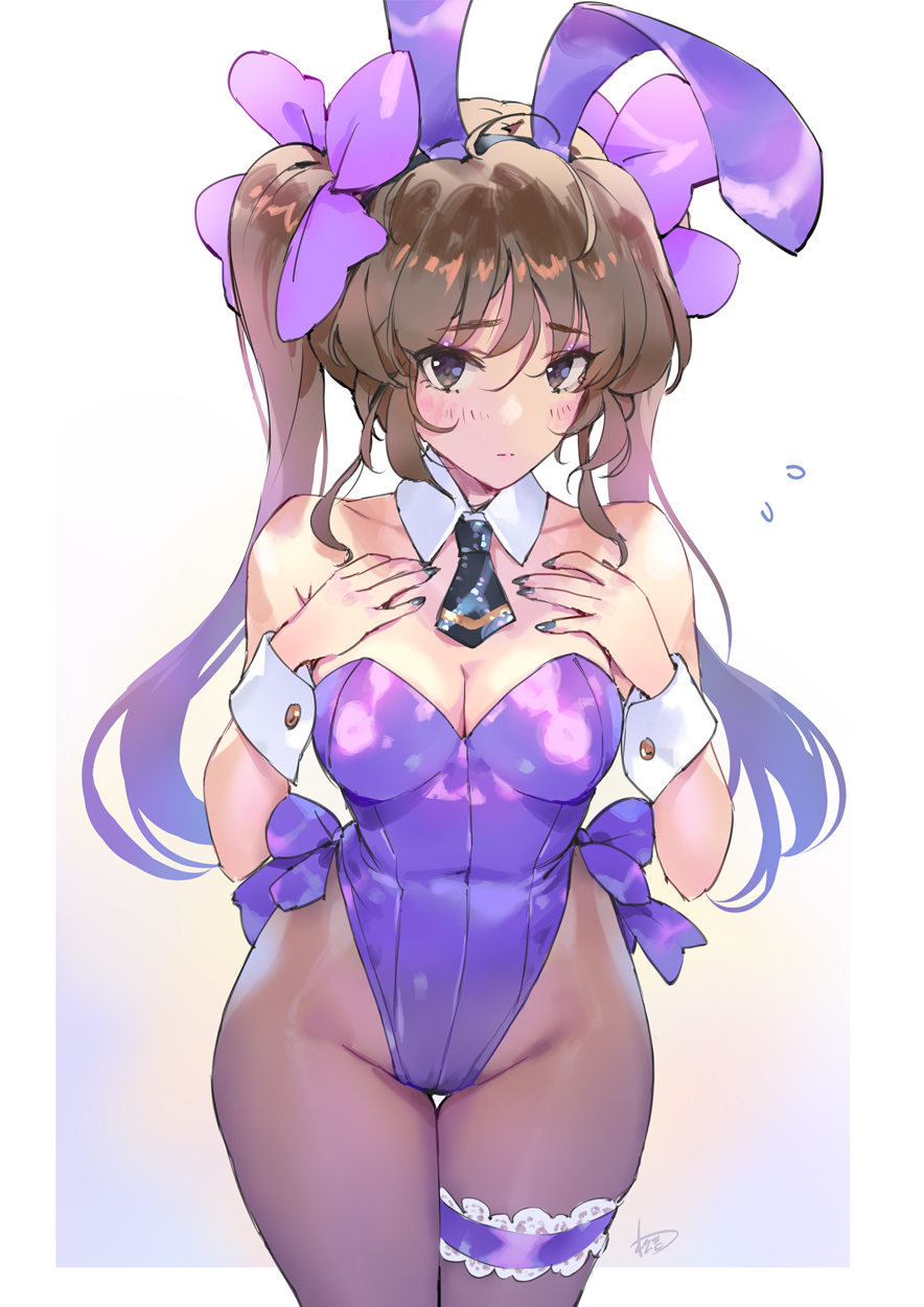 1girl animal_ears bare_shoulders black_eyes black_pantyhose blush breasts brown_hair cleavage covered_navel detached_collar fake_animal_ears flying_sweatdrops highres himekaidou_hatate leotard looking_at_viewer matsuda_(matsukichi) necktie pantyhose playboy_bunny rabbit_ears simple_background solo touhou twintails white_background wrist_cuffs