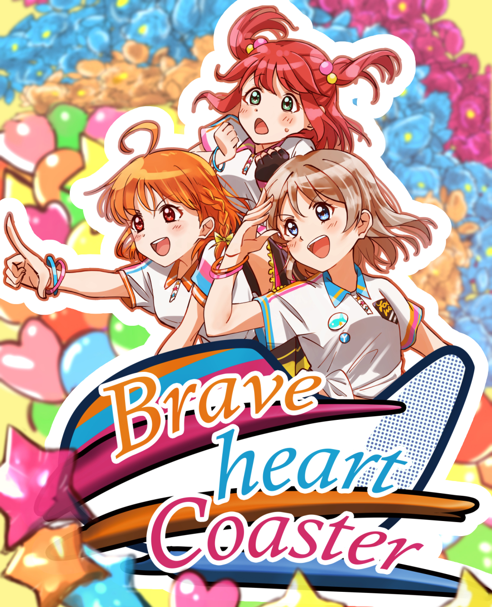 3girls alternate_hairstyle blue_eyes blush braveheart_coaster brown_hair cyaron!_(love_live!) highres kurosawa_ruby love_live! love_live!_sunshine!! multiple_girls orange_hair ponytail short_hair short_twintails skt_(ryxxxxx) smile takami_chika twintails watanabe_you