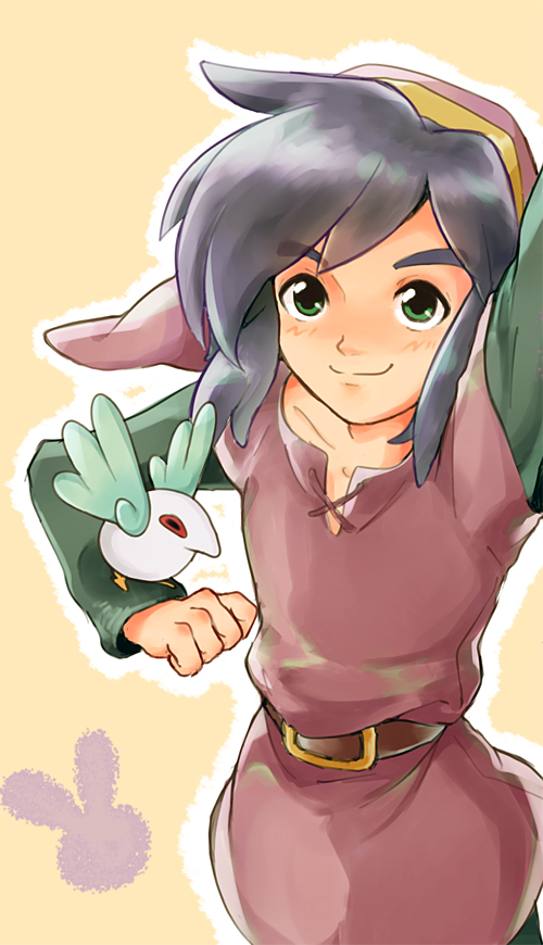 1boy belt bird bird_on_hand blush green_eyes hat male_focus nintendo pointy_ears purple_hair ravio sheerow solo spoilers the_legend_of_zelda the_legend_of_zelda:_a_link_between_worlds thick_eyebrows tunic usadaaa