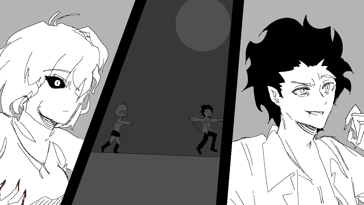 1boy 1girl ahoge arcueid_brunestud black_hair black_pants black_sclera blood blood_in_mouth blush chasing collared_shirt colored_sclera dark_persona evil_grin evil_smile gamgam grin happy jewelry michael_roa_valdamjong monochrome necklace open_clothes open_shirt pants red_arcueid running shirt short_hair sketch skirt smile sweater tsukihime tsukihime_(remake) white_eyes