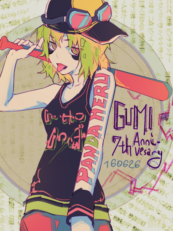 1girl anniversary arm_tattoo bags_under_eyes bare_shoulders baseball_bat baseball_cap goggles goggles_on_headwear green_hair gumi hat holding holding_baseball_bat moa_(fade64222) panda_hero_(vocaloid) pink_eyes shirt sideways_hat sketch sleeveless sleeveless_shirt song_name tattoo tongue tongue_out vocaloid
