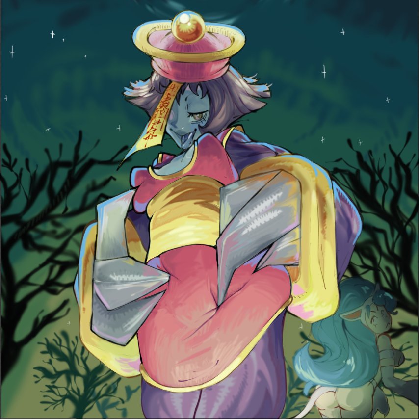2girls animal_ears ass breasts cat_ears cat_tail claws darkstalkers felicia_(darkstalkers) from_behind goose_llow hat hsien-ko large_breasts long_hair long_sleeves multiple_girls night night_sky one_eye_covered pointy_breasts purple_hair short_hair sky sleeves_past_wrists tail tree very_long_hair white_fur wide_sleeves