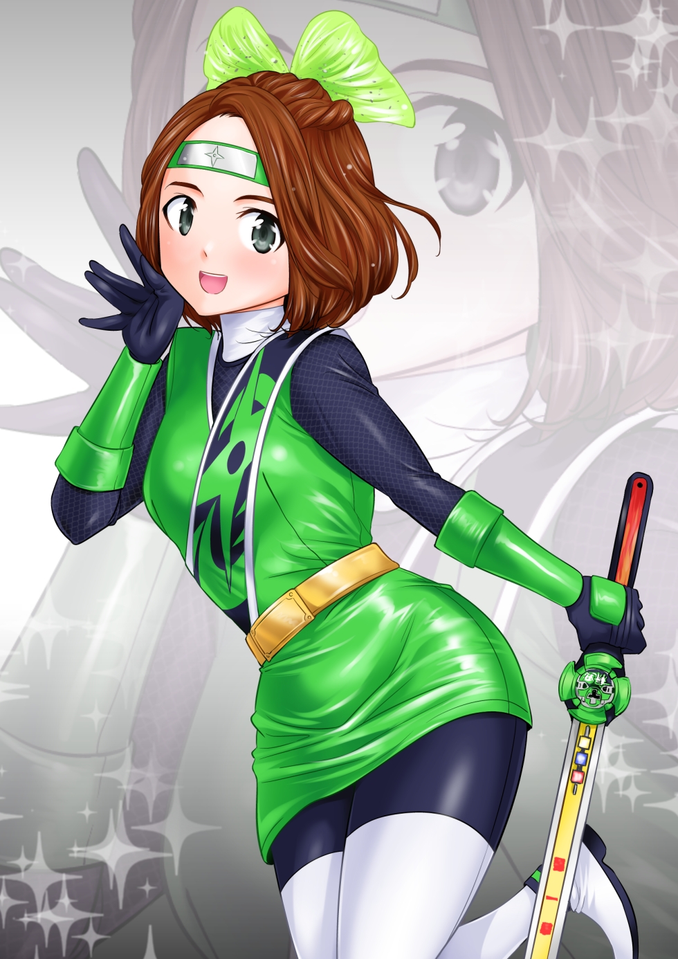 1girl abe_tsukumo belt black_gloves blush bodysuit boots bow breasts brown_hair gloves gold_belt green_bodysuit green_bow green_skirt grey_background grey_eyes hair_bow headband highres holding holding_sword holding_weapon kokono_luna looking_at_viewer medium_breasts midoninger ninja ninja_ichibantou ninja_sword ninjatou open_mouth print_bodysuit sash short_hair short_sword shuriken_print shuriken_sentai_ninninger skirt smile sparkle standing super_sentai superhero_costume sword teeth thigh_boots waving weapon white_footwear