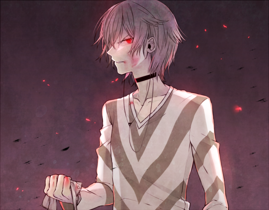 1boy accelerator_(toaru_majutsu_no_index) albino blood blood_on_clothes blood_on_face choker collarbone commentary diagonal-striped_clothes diagonal-striped_shirt electrodes glowing glowing_eyes grey_hair grey_shirt gung hair_between_eyes holding long_bangs long_sleeves looking_at_viewer male_focus pale_skin parted_lips red_eyes shirt short_hair sidelocks solo striped_clothes striped_shirt teeth toaru_majutsu_no_index upper_body v-neck