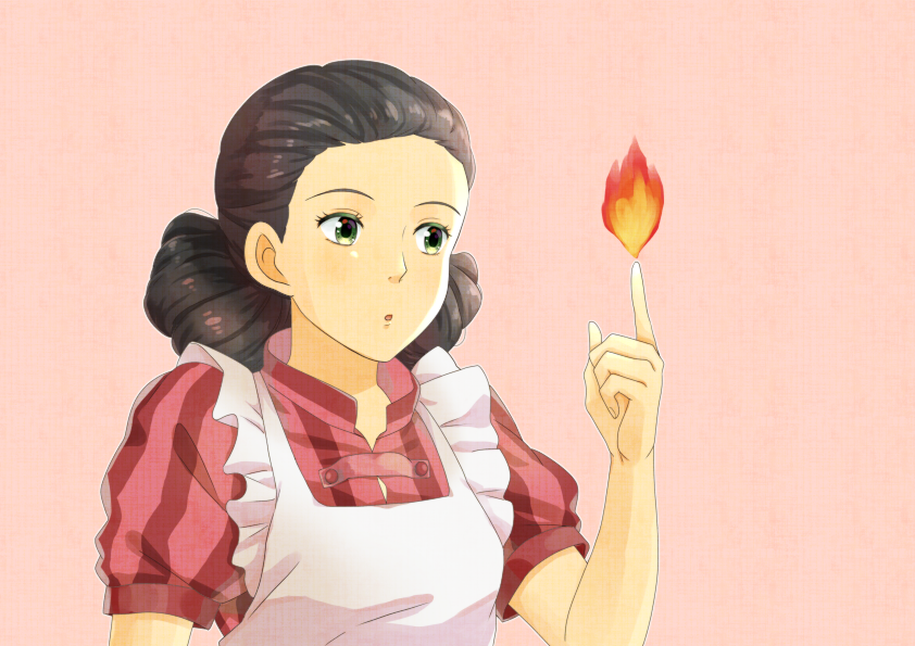 1girl black_hair fire green_eyes himesakura himi_(kimitachi_wa_dou_ikiru_ka) index_finger_raised jpeg_artifacts kimitachi_wa_dou_ikiru_ka red_shirt shirt short_hair short_sleeves simple_background solo upper_body
