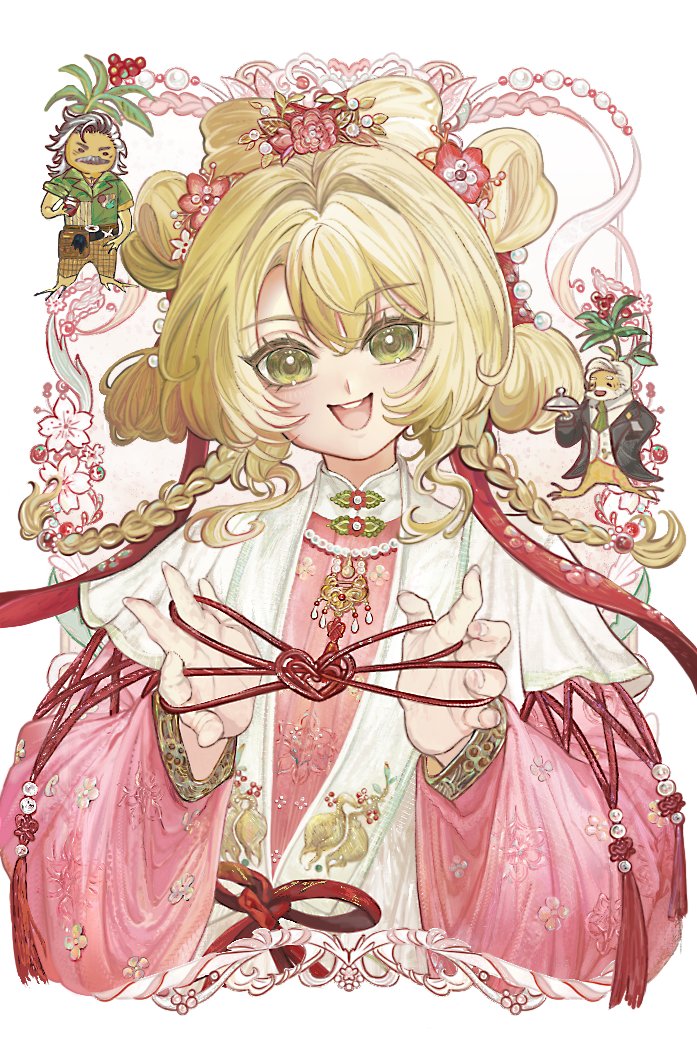 1girl :d blonde_hair border braid cat&#039;s_cradle chinese_clothes flower ginseng green_eyes hair_flower hair_ornament hands_up hanfu holding holding_string long_sleeves looking_at_viewer low_twin_braids mr._duncan_(reverse:1999) mr._karson official_alternate_costume open_mouth ornate_border pink_flower pink_hanfu puffy_long_sleeves puffy_sleeves reverse:1999 seiiichannnn shuangyaji smile solo sotheby sotheby_(the_red_thread_of_fate) string twin_braids upper_body white_background