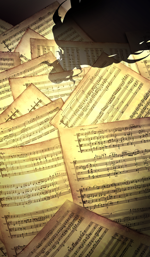 commentary fate/grand_order fate_(series) hayosena musical_note no_humans official_art shadow sheet_music still_life third-party_source wolfgang_amadeus_mozart_(fate) yellow_theme