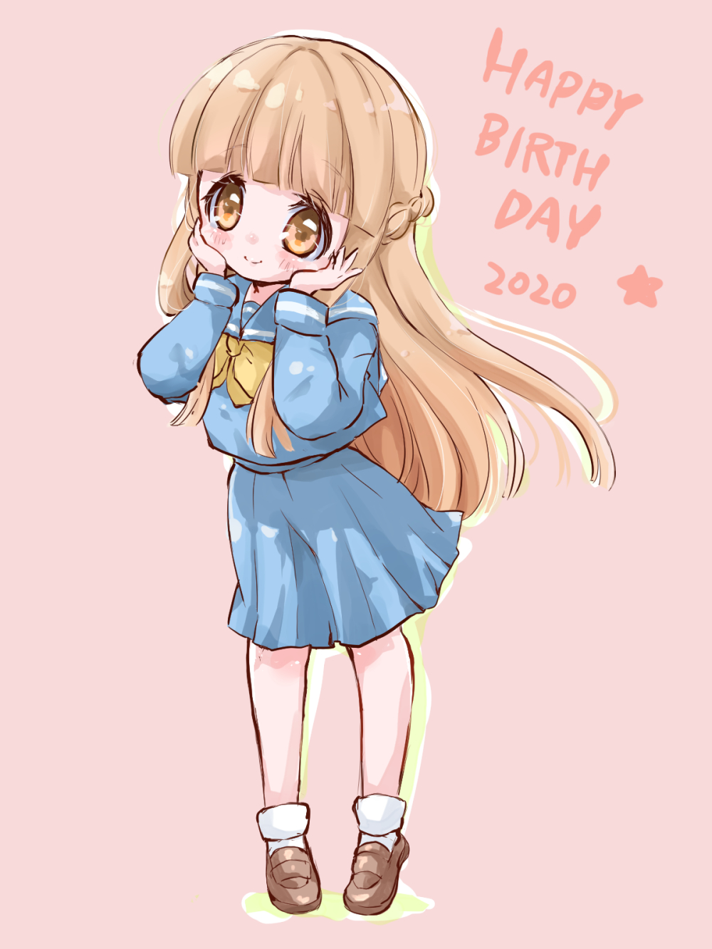 1girl blue_shirt blue_skirt blunt_bangs blush bow braid brown_eyes brown_hair brown_shoes dated full_body hands_on_own_cheeks hands_on_own_face happy_birthday highres kirameki_high_school_uniform loafers long_hair mikihara_megumi school_uniform shirt shoes skirt smile socks solo standing suzumimi tokimeki_memorial tokimeki_memorial_1 white_socks yellow_bow