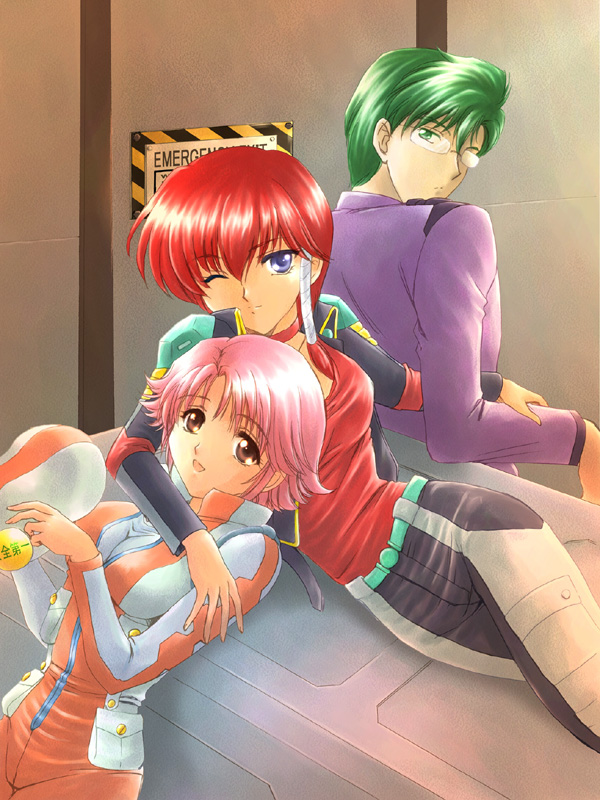 1boy 2girls arumacchi banpresto bodysuit fiona_gureden glasses mizuho_saiki multiple_girls one_eye_closed raji_montoya super_robot_wars super_robot_wars_reversal wink