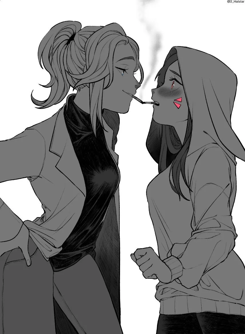 2girls animal_hood blush breasts cigarette cigarette_kiss d.va_(overwatch) facial_mark greyscale hands_on_own_hips hatstar hood hoodie lab_coat long_hair looking_at_another mercy_(overwatch) monochrome multiple_girls overwatch overwatch_1 pants pink_eyes ponytail rabbit_hood smoking sweater turtleneck turtleneck_sweater white_background yuri