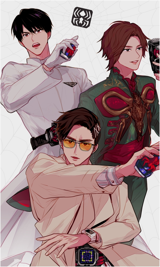 3boys adk-em bandai bandai_namco beige_jacket black_hair brown_hair coat commentary_request demons_driver fenix_uniform george_karizaki glasses gloves green_jacket green_pants henshin henshin_pose ishimori_prod jacket kadota_hiromi kamen_rider kamen_rider_revice mexican_clothes military military_uniform multiple_boys olteca_(kamen_rider_revice) pants rider_belt scientist spider_genome spider_vistamp stamp stamp_mark sunglasses tinted_eyewear toei_company tokusatsu tv_asahi vest vistamp waistcoat white_background white_coat white_gloves zo_ochi2