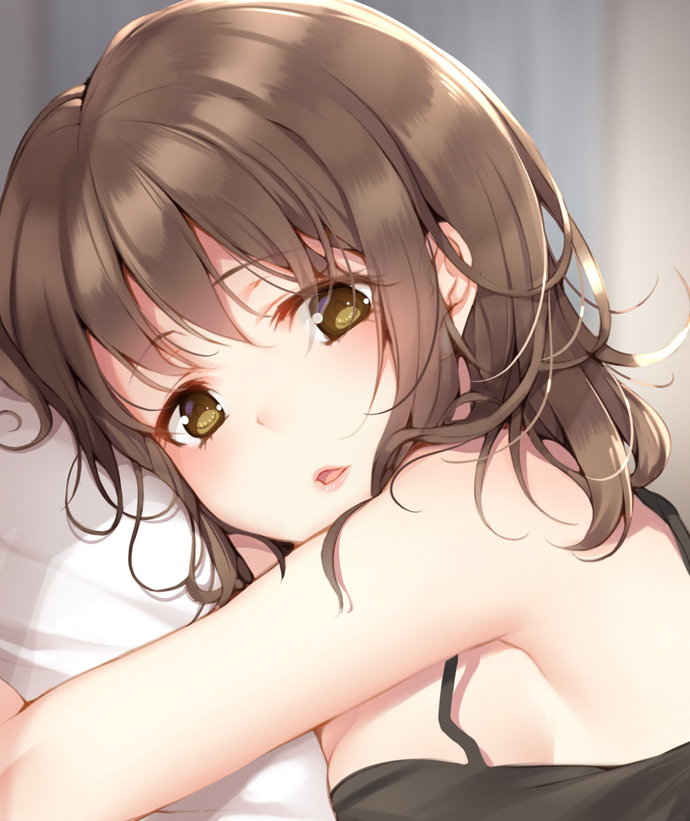 1girl black_shirt breasts brown_eyes brown_hair fuyukawa_kokoro hugging_object indoors kazuzu looking_at_viewer medium_breasts medium_hair open_mouth pillow pillow_hug remember11 shirt sleeveless sleeveless_shirt solo upper_body