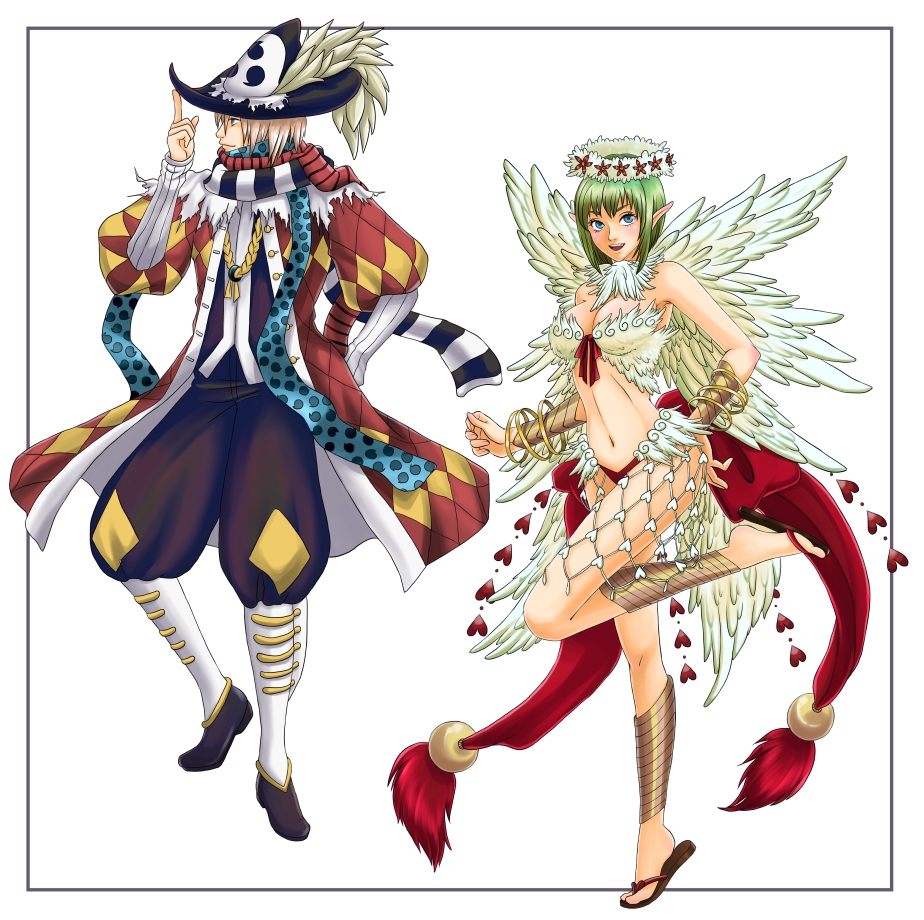 1boy 1girl argyle_clothes argyle_coat back_bow baggy_pants bangle bikini black_hat black_pants black_scarf black_shoes black_vest blonde_hair blue_eyes blue_scarf bow bracelet bracer breasts brown_sandals cleavage closed_mouth coat commentary_request feather_trim feathered_wings flower full_body green_hair hat head_wreath hi_(ibisf5umauma) jewelry juliet_sleeves large_bow long_sleeves looking_at_viewer medium_breasts minstrel_(ragnarok_online) mismatched_bikini navel open_mouth pants plume pointy_ears polka_dot polka_dot_scarf puffy_sleeves ragnarok_online red_bikini red_bow red_coat red_scarf sandals scarf shoes short_hair simple_background smile striped_clothes striped_scarf swimsuit vest wanderer_(ragnarok_online) white_background white_bikini white_flower white_scarf white_wings wings