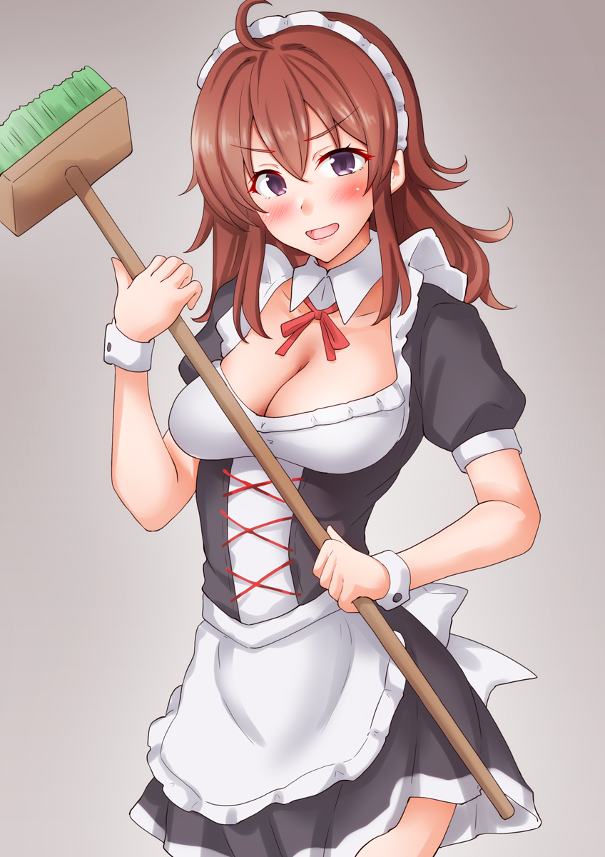 1girl ahoge alternate_costume anti_(untea9) apron arashi_(kancolle) black_dress blush breasts broom cleavage dress enmaided frilled_apron frilled_dress frills gloves gradient_hair grey_background highres holding holding_broom juliet_sleeves kantai_collection long_hair long_sleeves maid maid_apron maid_headdress messy_hair multicolored_hair open_mouth puffy_short_sleeves puffy_sleeves red_hair short_sleeves smile waist_apron white_apron wrist_cuffs