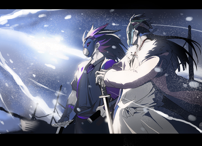 2boys blue_theme japanese_clothes katana letterboxed light lightning long_hair male_focus mask multiple_boys oki okikurumi_(ookami) ookami_(game) samickle sword tamago_kakeouji weapon