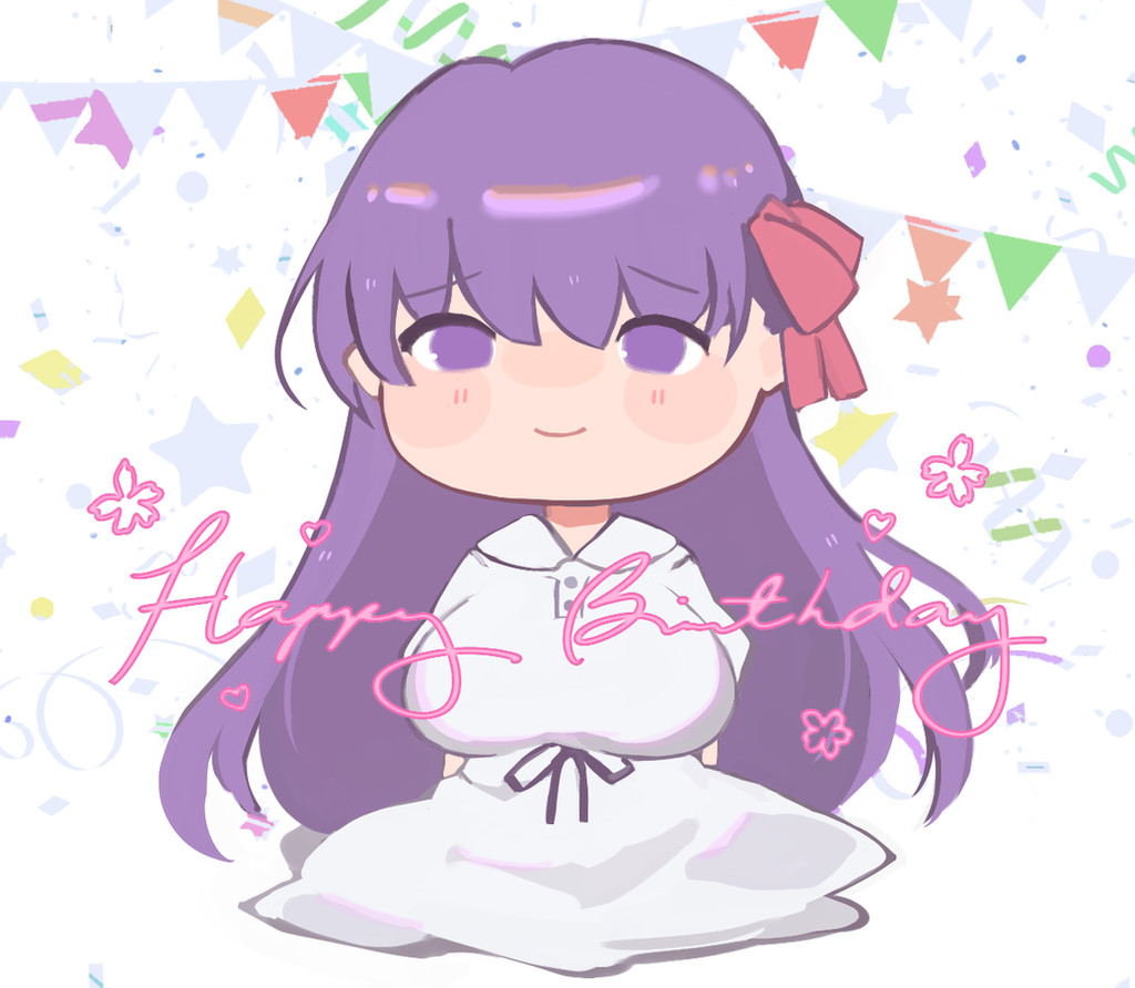 1girl blush breasts dress english_text fate/stay_night fate_(series) hair_ribbon happy_birthday kshigatsu large_breasts long_hair looking_at_viewer matou_sakura purple_eyes purple_hair red_ribbon ribbon smile solo