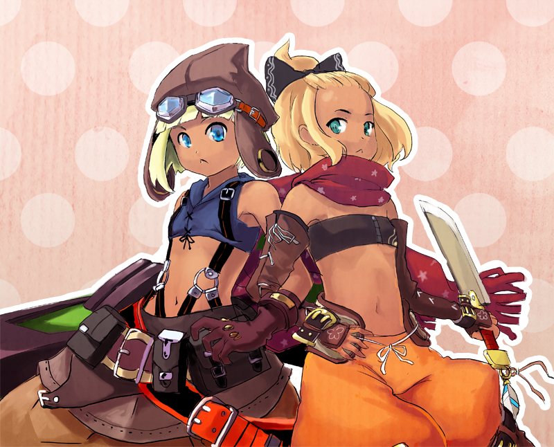 2girls 7th_dragon 7th_dragon_(series) atlus ballista_(sekaiju) ballista_2_(sekaiju) belt blade blonde_hair bloodlink blue_eyes boots bow buckle crop_top dagger dark-skinned_female dark_skin etrian_odyssey fingerless_gloves flat_chest forehead gloggles gloves goggles goggles_on_head gun hair_bow hat hatch_(7th_dragon) high_ponytail knife midriff multiple_girls navel ponytail rogue_(7th_dragon) scarf sekaiju_no_meikyuu sekaiju_no_meikyuu_3 short_hair strapless tan thigh_boots thighhighs tube_top weapon