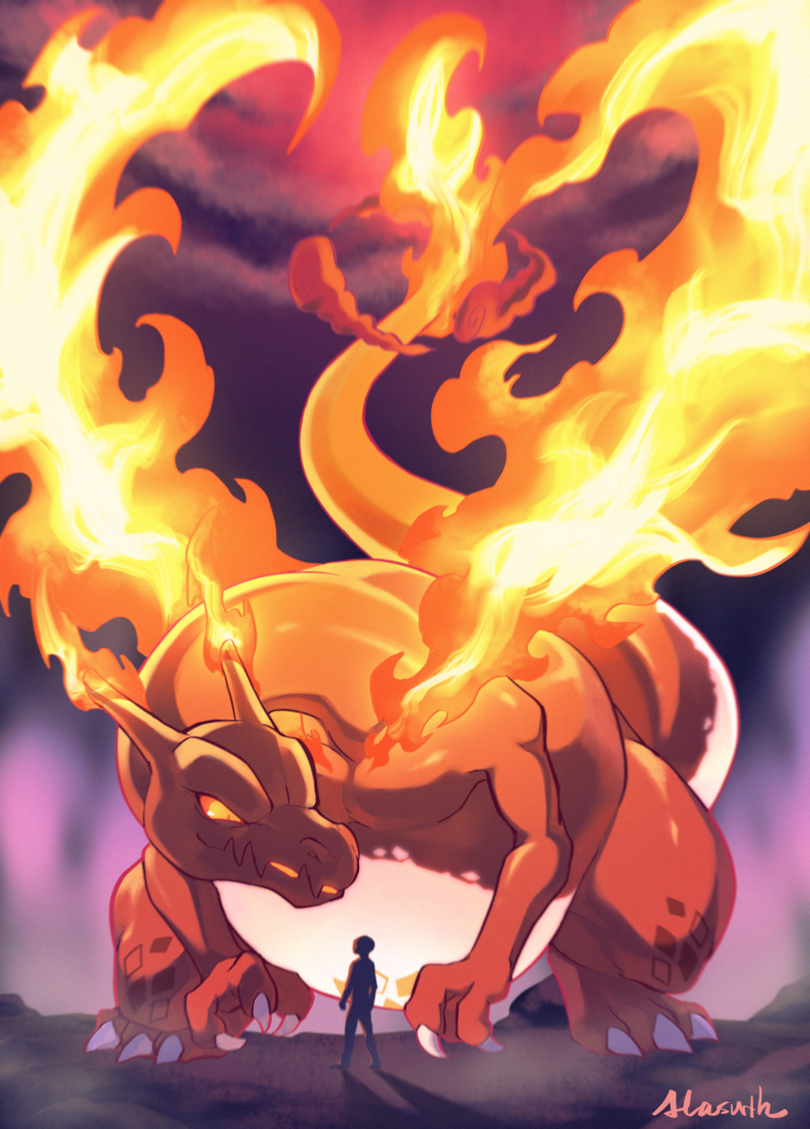 1boy charizard claws colored_sclera commentary_request fang fire gen_1_pokemon gigantamax gigantamax_charizard highres male_focus meganemido nintendo orange_sclera outdoors pokemon pokemon_(creature) signature silhouette skin_fang standing yellow_eyes
