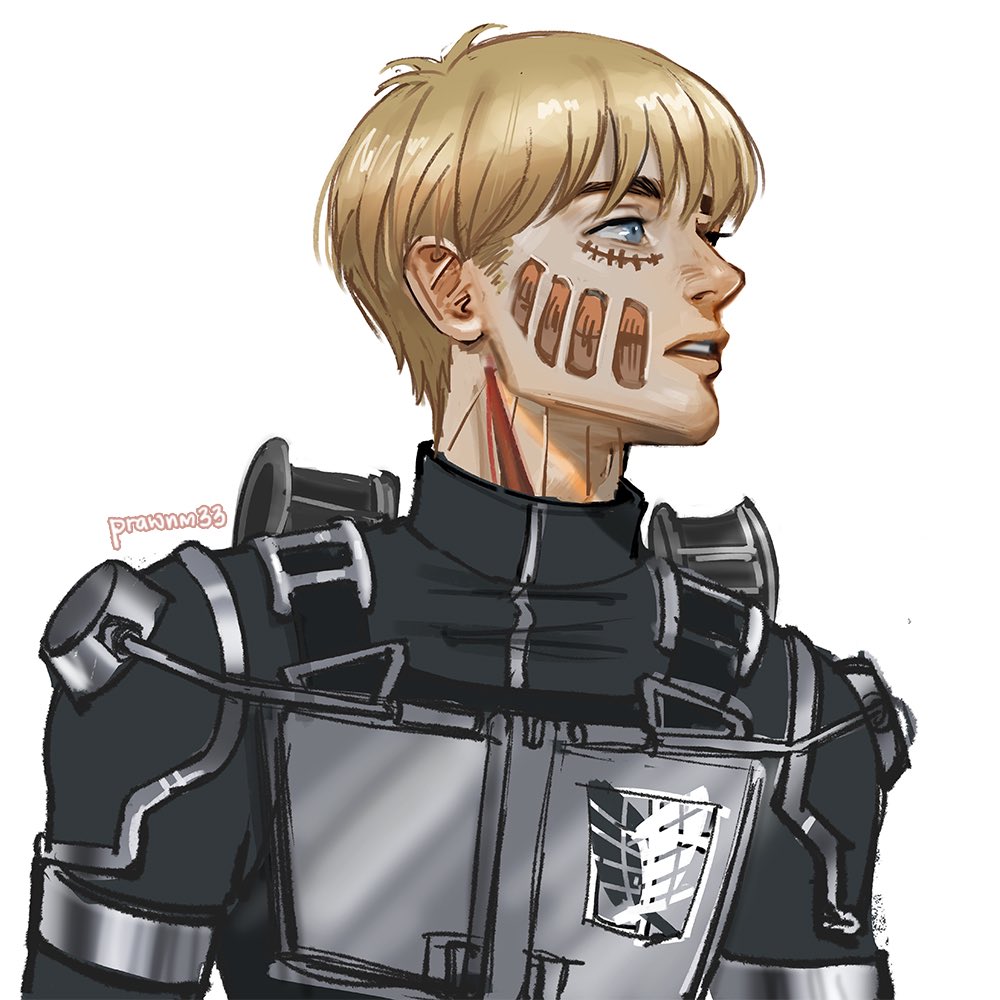 1boy armin_arlert belt belt_buckle black_belt black_shirt blonde_hair blue_eyes buckle collared_shirt commentary emblem english_commentary facial_scar looking_ahead male_focus mistermagnolia parted_lips profile scar scar_on_cheek scar_on_face shingeki_no_kyojin shirt short_hair shoulder_belt simple_background solo teeth thick_eyebrows titan_shifter_scars upper_body white_background zipper