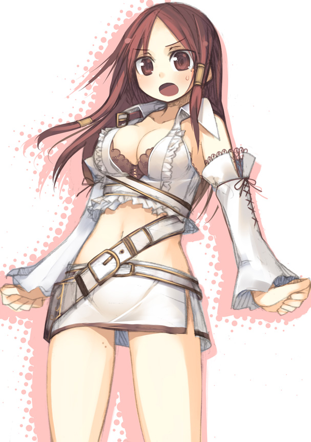 1girl alicia_(bullet_witch) alternate_color alternate_costume aq_interactive bare_shoulders belt breasts brown_eyes brown_hair bullet_witch cavia cleavage detached_sleeves female_focus frills hair_tubes kashiwamochi_yomogi large_breasts midriff miniskirt mole navel open_mouth side_slit skirt solo