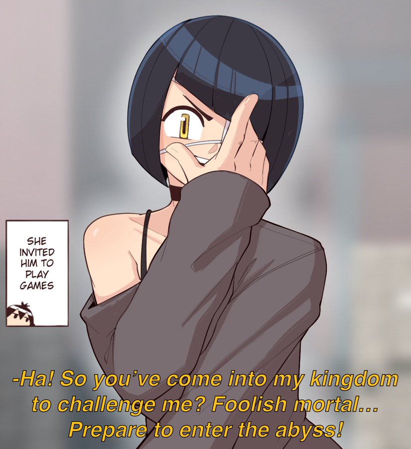 1girl black_hair choker commentary covering_one_eye english_commentary english_text eyepatch komi-san_wa_komyushou_desu looking_at_viewer nakanaka_omoharu nudiedoodles single_bare_shoulder solo speech_bubble yellow_eyes