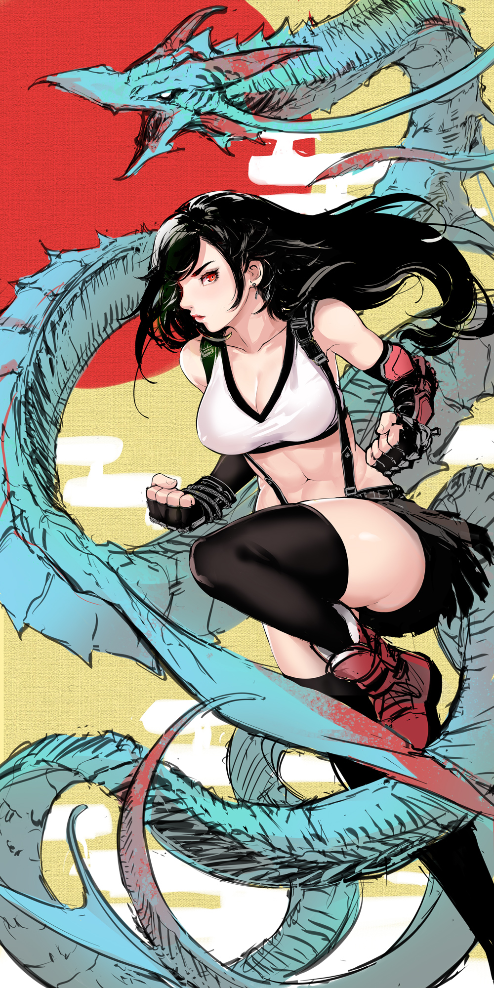 1girl abs arm_guards ass black_hair black_panties black_skirt black_thighhighs breasts cleavage crop_top earrings elbow_gloves final_fantasy final_fantasy_vii final_fantasy_vii_remake fingerless_gloves floating_earrings gloves highres large_breasts leviathan_(final_fantasy) looking_at_viewer panties pleated_skirt robot_cat_(robotcatart) skirt solo suspender_skirt suspenders swept_bangs tank_top thighhighs thighs tifa_lockhart toned underwear