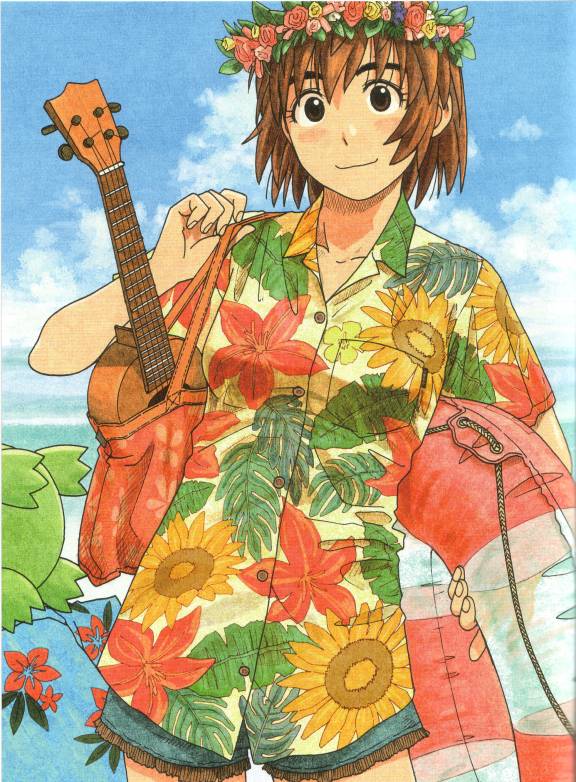 2girls adjusting_strap ayase_fuuka azuma_kiyohiko bag beach blue_shirt blue_shorts bob_cut brown_eyes brown_hair cloud collarbone cowboy_shot floral_print flower green_hair hair_between_eyes hand_on_own_shoulder hawaiian_shirt head_out_of_frame head_wreath holding holding_bag holding_instrument holding_swim_ring innertube instrument koiwai_yotsuba leaf_print light_blush looking_at_viewer multiple_girls ocean official_art quad_tails scan shirt short_hair short_shorts short_sleeves shorts smile solo_focus swim_ring thick_eyebrows thigh_gap tote_bag ukulele yellow_shirt yotsubato!