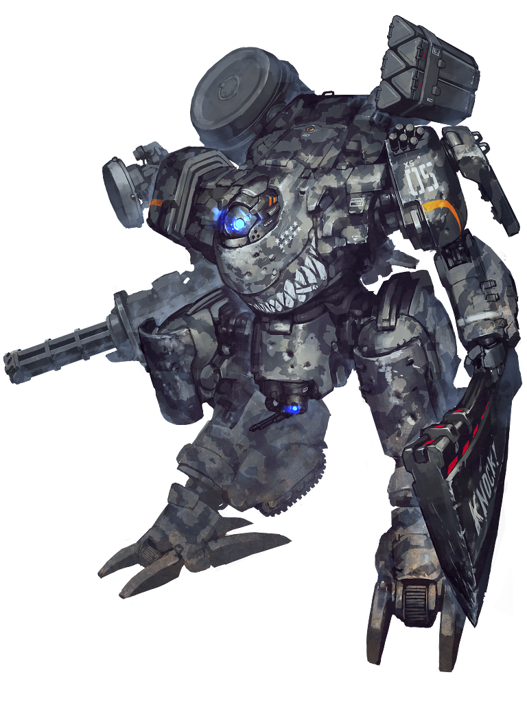 camera camouflage caterpillar_tracks dairoku_ryouhei english_text gatling_gun hetza_(hellshock) mecha no_humans nose_art robot shark_nose_art star_(symbol) sword tally transparent_background turret weapon